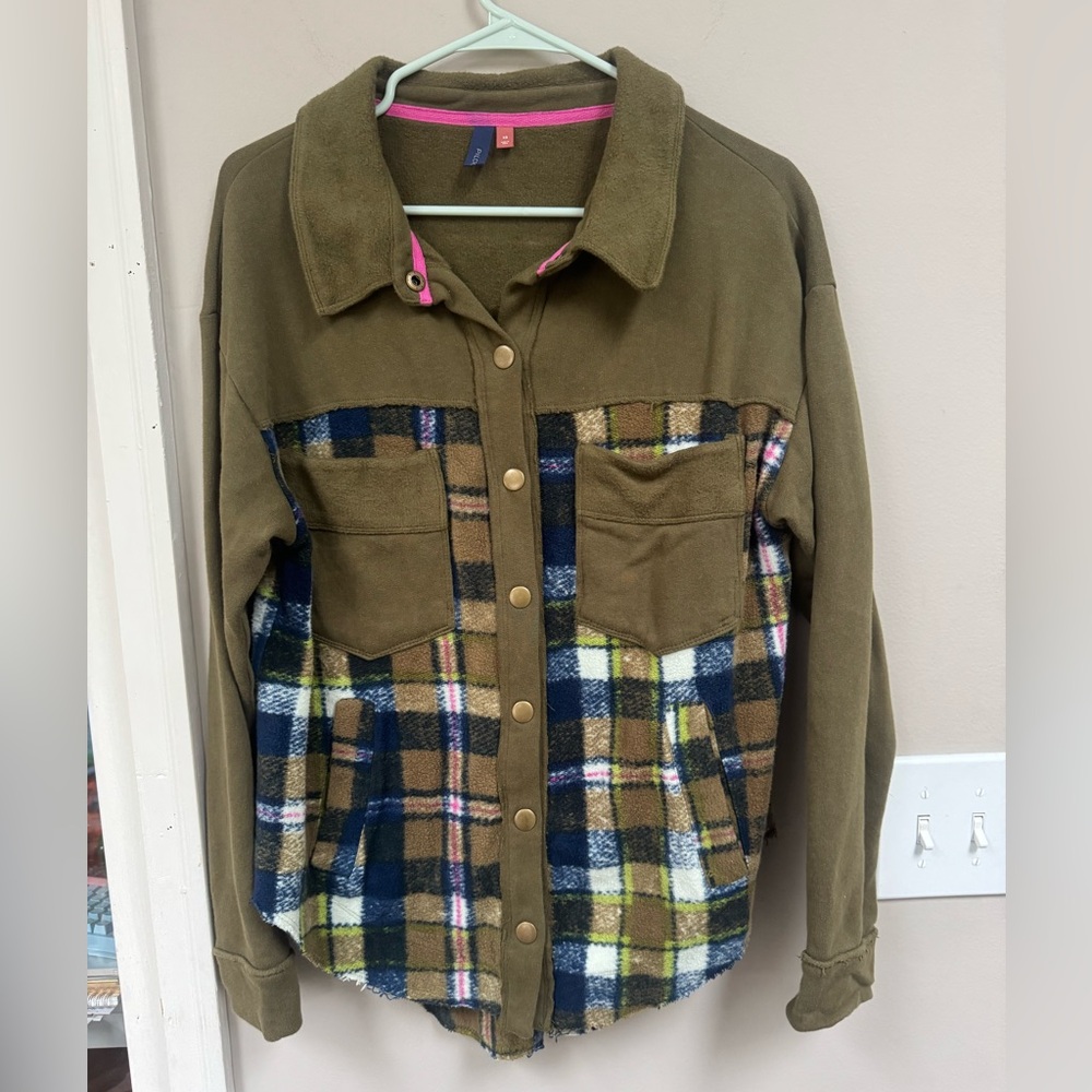 Pilcro Olive Green Plaid Teddy Shacket with Navy & Tan Accents